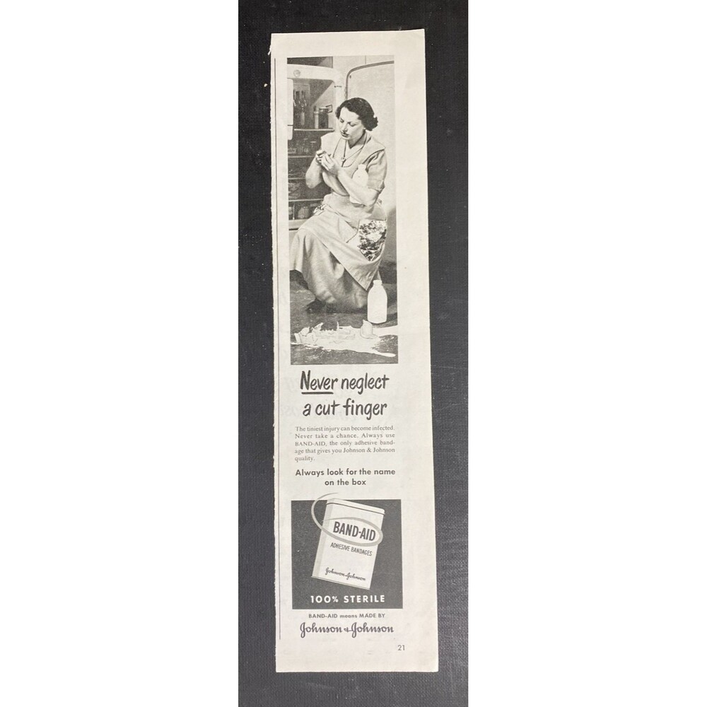 Band-Aid Adhesive Bandages "Never Neglect a cut finger" Vintage Print Ad 1951